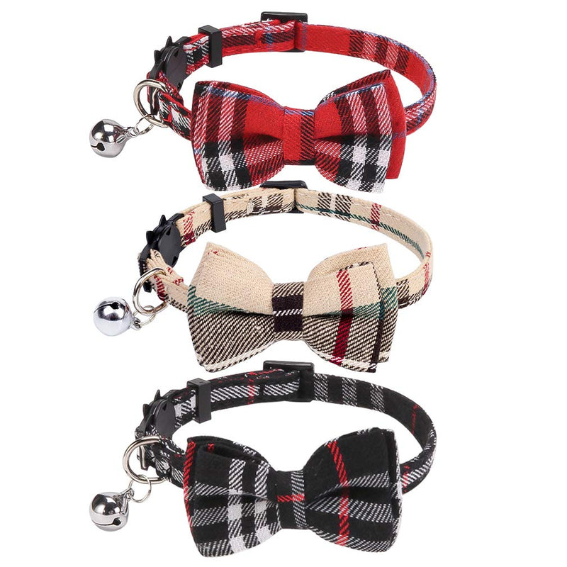 Breakaway Bowtie Cat Collars with Bell - 3 Pack Classic Plaid Kitten Collars with Removable Cute Cat Bow Tie, Adjustable 8-11 Inches for Kitty, Puppy - PawsPlanet Australia