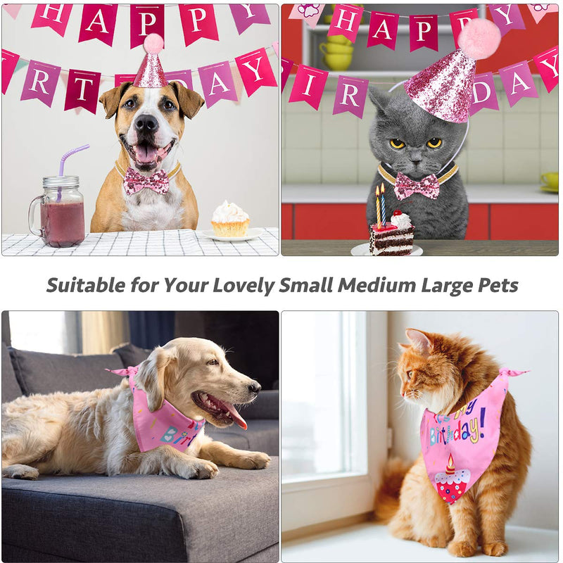 MELLIEX Dog Birthday Bandana Hat Bow Tie Banner Set, Dog Cat Pet Boy Girl Cute Bow Tie Triangle Scarf Birthday Party Supplies Decorations Pink / Girls - PawsPlanet Australia