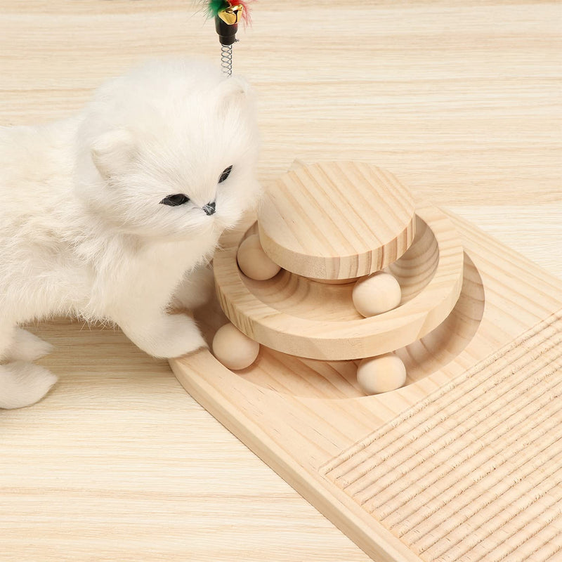 APVTI Wooden Cat Scratcher Pad Two-Layer Cat Turntable with Interactive Balls and Track Cat Toys Pet Supplies Washboard shape - PawsPlanet Australia