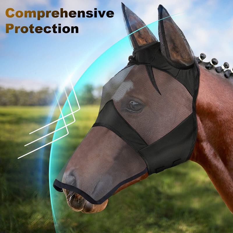 Horse Mask with Ears and Nose Cover，Adjustable Comfort Masks for Horses with Elasticity Blinders Horse Eye Mini Pony Draft Foal Arab Cob L Black - PawsPlanet Australia