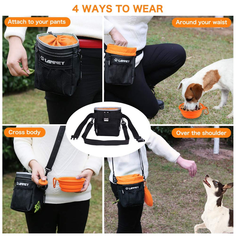 [Australia] - LANNEY Dog Treat Pouch Pet Training Bag for Small to Large Dogs, Treat Tote Carry Kibble Snacks Toys for Training Reward Walking, Metal Clip, Waist Belt, Shoulder Strap, Poop Bag Dispenser Pouch(Black with Orange)+Clicker+Bowl 