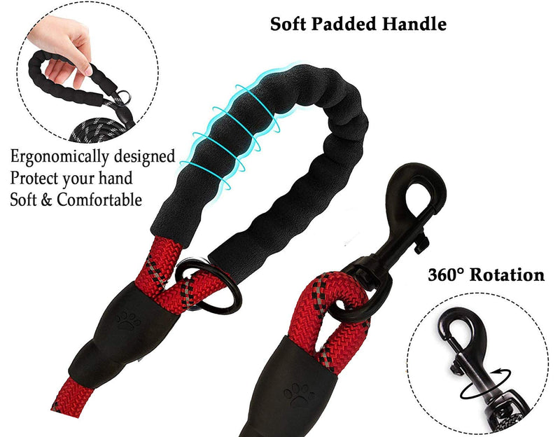 Moonpet Dog lead - 6 FT Heavy Duty Double Handle Reflective Dog lead with Comfortable Padded - Rope Dog lead for Medium Large Dogs-Red Red - PawsPlanet Australia