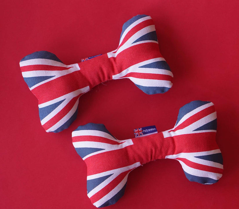 PetLondon British London Union Jack Bone 8', Canvas Plush Dog And Puppy Toy, Canvas Bone With Squeaker, Cute Fun Royal Queen Union Jack Dog Interactive Toy - PawsPlanet Australia