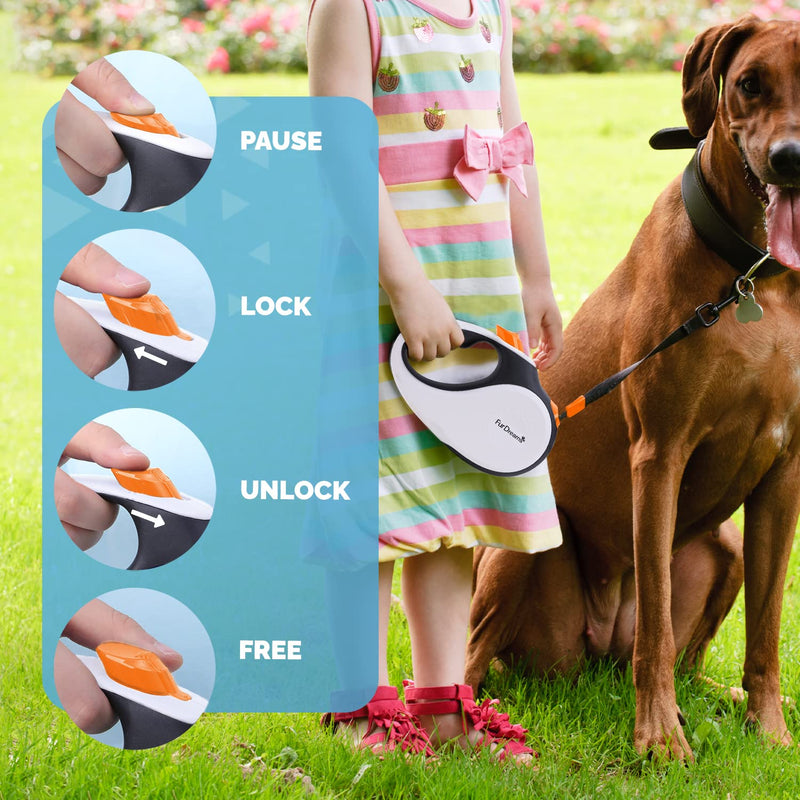 FurDreams Retractable Dog Lead - Heavy Duty Extendable (5m) Leash | Non-slip handle with lock control | Strong tangle-free nylon strap & collar hook (white/orange, medium) orange - PawsPlanet Australia