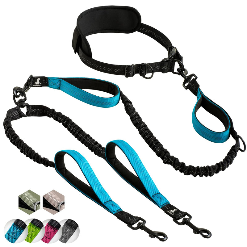 Double leash for two dogs for running, jogging, hiking | 2 in 1 jogging leash and normal dog leash for large and medium dogs with double handle | Waist belt dog leash with reflective seams blue - PawsPlanet Australia