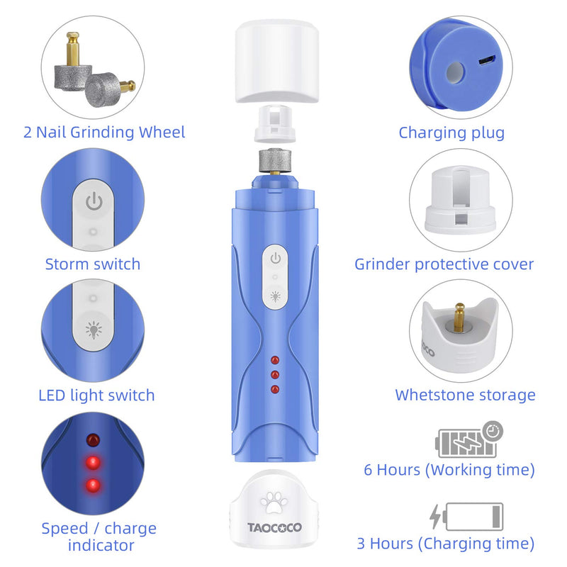 [Australia] - TAOCOCO Dog Nail Grinder, Build-in LED Light Rechargeable 3-Speeds Powerful Electric Pet Nail Trimmer, Low Noise Painless Dog Paw Trimmer Claw Care Grooming for S/M/L Dogs Cats with Clipper and File 