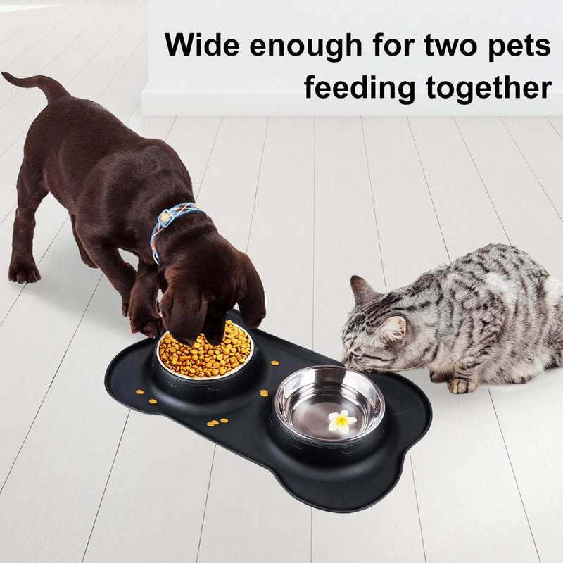 Double Dog Bowls- Stainless Steel 2 x 350ml Puppy Water and Food Bowl with Non-skid Anti-overflow Silicon Tray Mat for Puppy Dogs, With Pet Food Shovel Black S(2 x 350 ml) - PawsPlanet Australia