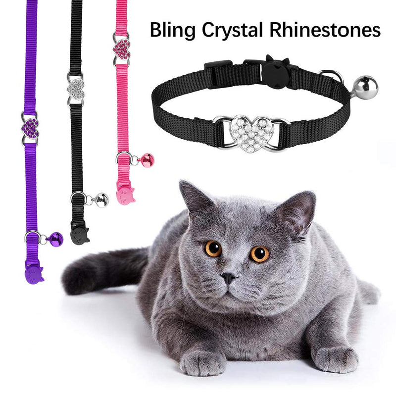 [Australia] - Mtliepte 2 Pcs Cat Collars Heart Bling Breakaway with Bell Nylon Adjustable for Kitty Black+Pink 