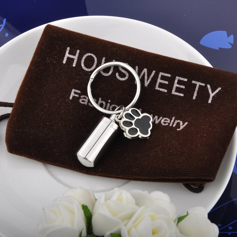 HOUSWEETY Pet Cremation Stainless Steel Pill Box Case Bottle Holder Container Keychain with Dog Paw Charm - PawsPlanet Australia