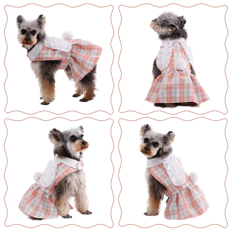 Kuoser Dog Plaid Dress, Puppy Tutu Skirt with Plush Ball & Flying Rabbit Ears, Cute Pet Shirt Summer Clothes Girl Wedding Dress with Leash Hole for Small & Medium Dogs XXS XX-Small Pink - PawsPlanet Australia