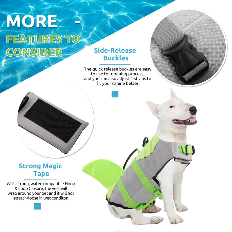 KOESON Dog Life Jacket, Dog Life Vest for Small, Medium & Large Breeds Pet Float Coat for Boating/Swimming, Reflective Swimming Safety Vest with Rescue Handle X-Small Green Shark - PawsPlanet Australia