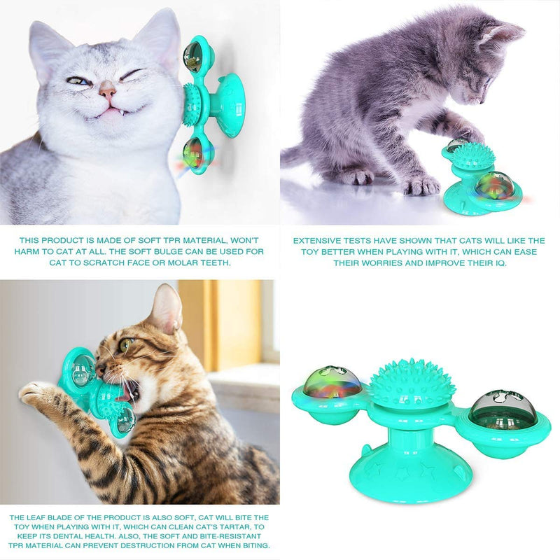 [Australia] - Windmill Cat Toys, Spinning Cat Toy with 2Catnip Glow Ball and 1Led Ball, Catnip Toy with Scratch Hair Brush Grooming Tool for Cat(Blue) (Green) Blue 