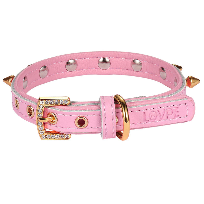 LOVPE Dog Collar/Cat Collar Golden Spiked Studded Double layer Leather Pet Collars with Golden Rhinestone Buckle for Puppy Cats Small Medium Dogs (S, Pink) S - PawsPlanet Australia