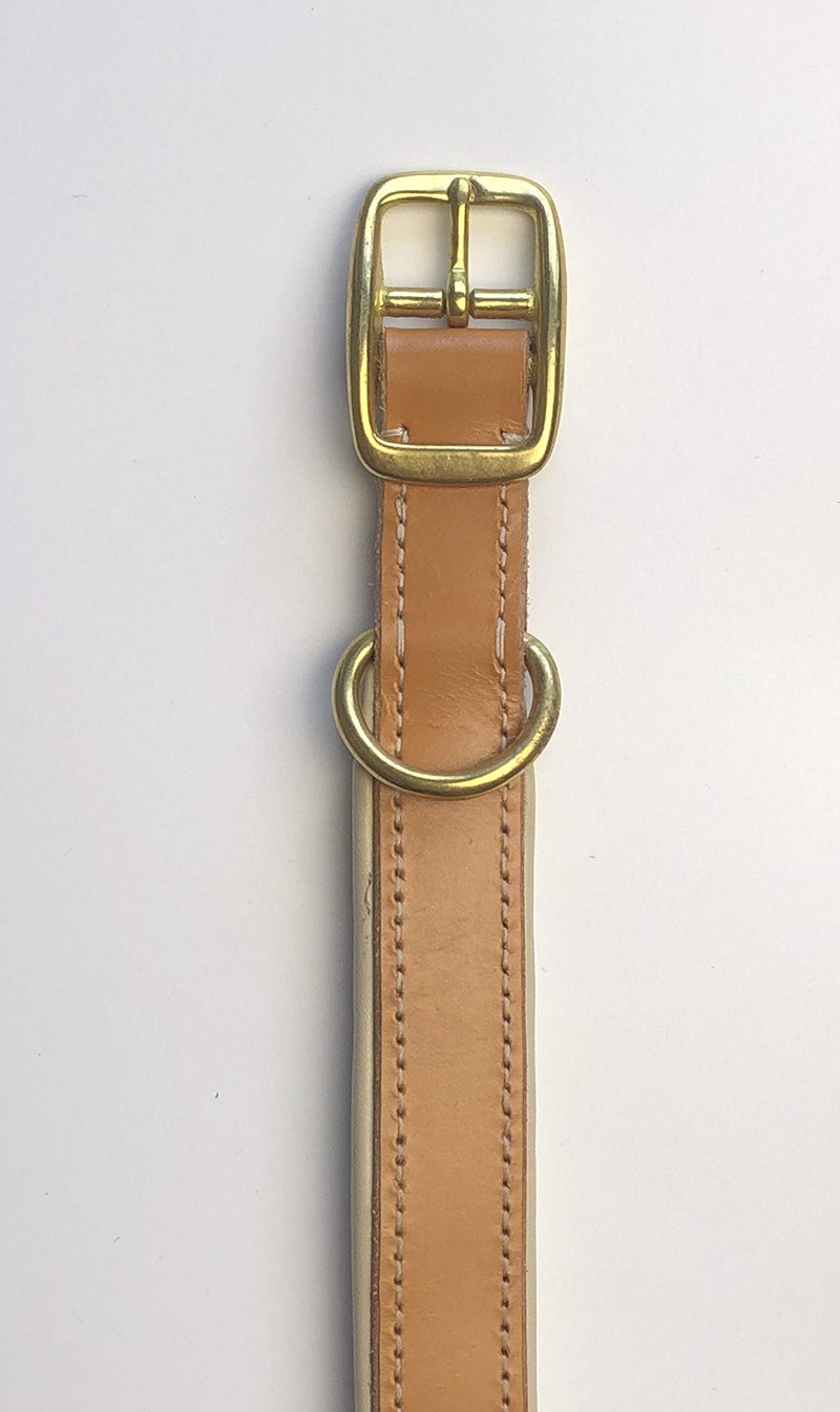 KLASSY K9 SEDGWICK BRIDLE LEATHER PADDED DOG COLLAR IN LONDON TAN WITH CREAM LEATHER PADDING LARGE 19"-23" 48CM-58CM WITH BRASS ACCESSORIES - PawsPlanet Australia