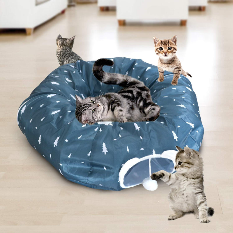 AUOON Cat Tube and Tunnel with Central Mat for Cat Dog, Soft Plush Material and Full Moon Shaped, Length 98" Diameter 9.8", 2 Color Blue - PawsPlanet Australia