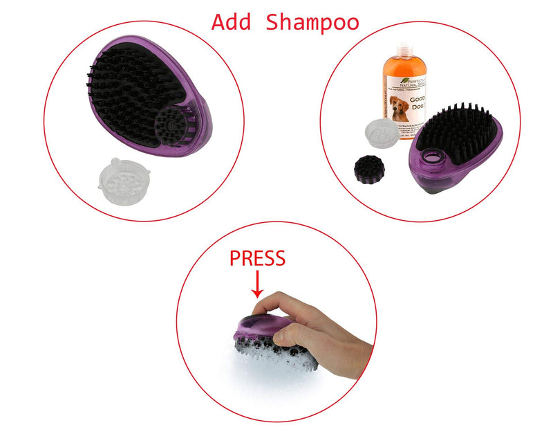 [Australia] - Poodle Pet Pet Brush Dog Soap and Shampoo Dispenser for Daily Grooming | Rinses Coat While Removing Lint and Shed Hair |for Short or Medium Hair | Soft Rubber Bristles Gentle on Skin | Purple 