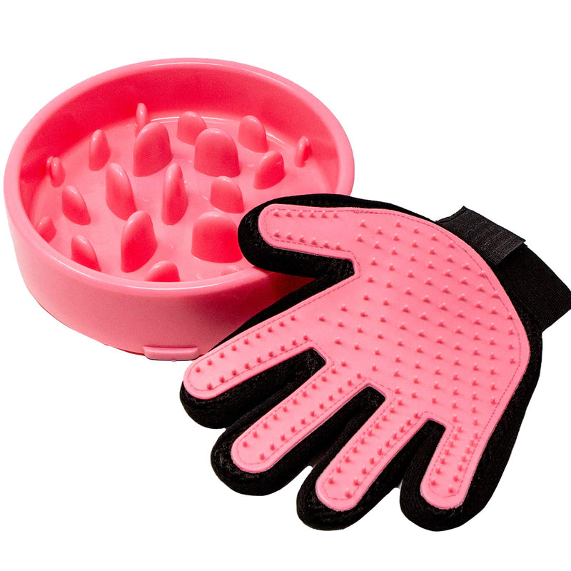 BluBell 2 in 1 Slow Feeder Dog Bowl & FREE Pet Grooming Glove – Slow feeding for Pet, Puppy & Dogs. Fun Interactive Puzzle Maze. For Diet, Reduces Bloating, Slows Down Foraging, Anti Gulp (Pink) Pink - PawsPlanet Australia