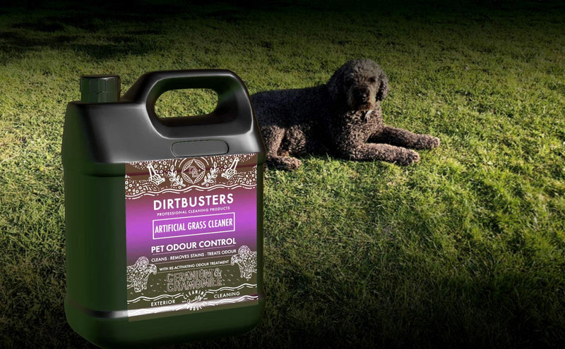 Dirtbusters pet artificial grass cleaner geranium and chamomile with added reactivating pet odour urine deodoriser for dogs and cats cleans removes stains odour neutralises 1 x 5 litres - PawsPlanet Australia