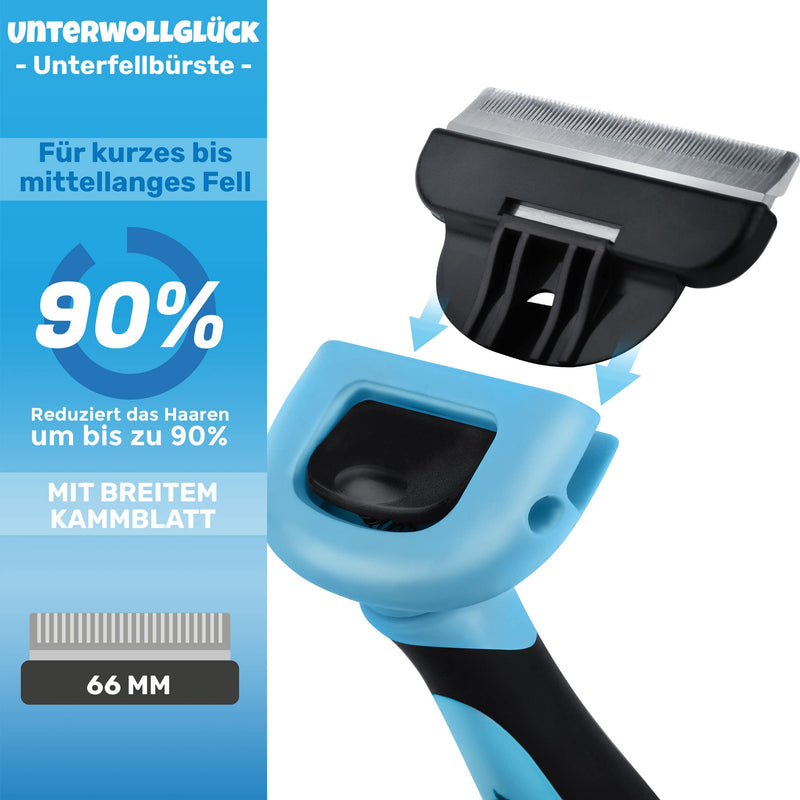 BluePet "UnterwollGlück" - Up to 90% less loose hair - Short hair dogs & cats brush ideal for changing fur - Removal of the undercoat & care of the top hair Blue - PawsPlanet Australia