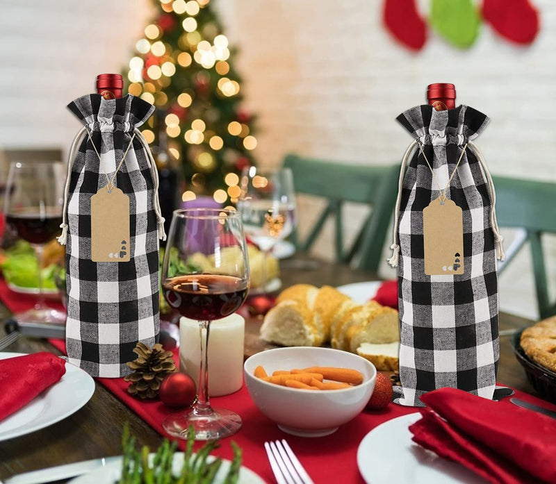 14 Pcs Buffalo Plaid Wine Bottle Covers - Reusable Christmas Wine Bottle Gift Bags for Home Dinner Party Table Decoration Plaid Wine Bags Black - PawsPlanet Australia