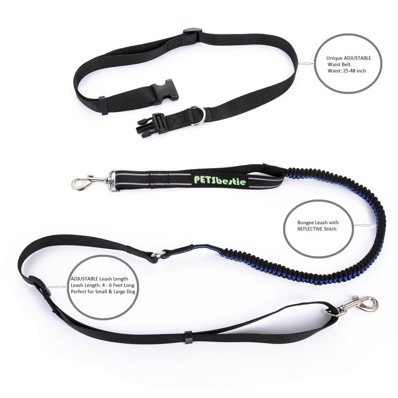 [Australia] - PETSbestie Hands Free Dog Leash - Premium Running Dog Leash - Reflective Stitching - Adjustable Waist Belt (Fits up to 48" waist) - Dog Bungee Leash Length 4-6 Foot Long - Large or Small Dogs 