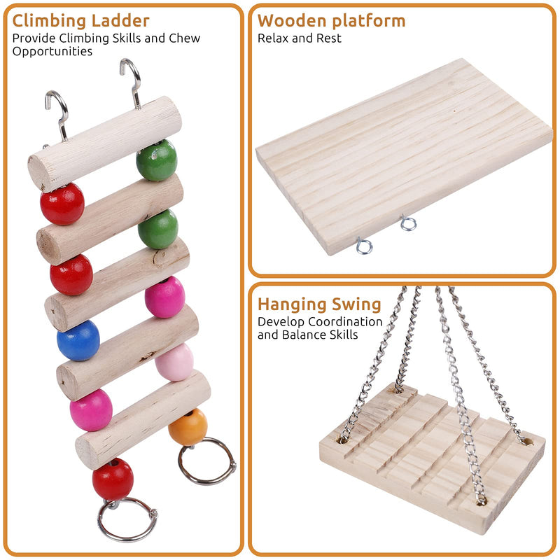 SAWMONG Hamster Toys Dwarf Hamster Cage Accessories with Stand Platform Climbing Ladder Hanging Swing Toys for Small Animals Chinchilla Hedgehog Gerbil Parrot Birds Wooden - PawsPlanet Australia