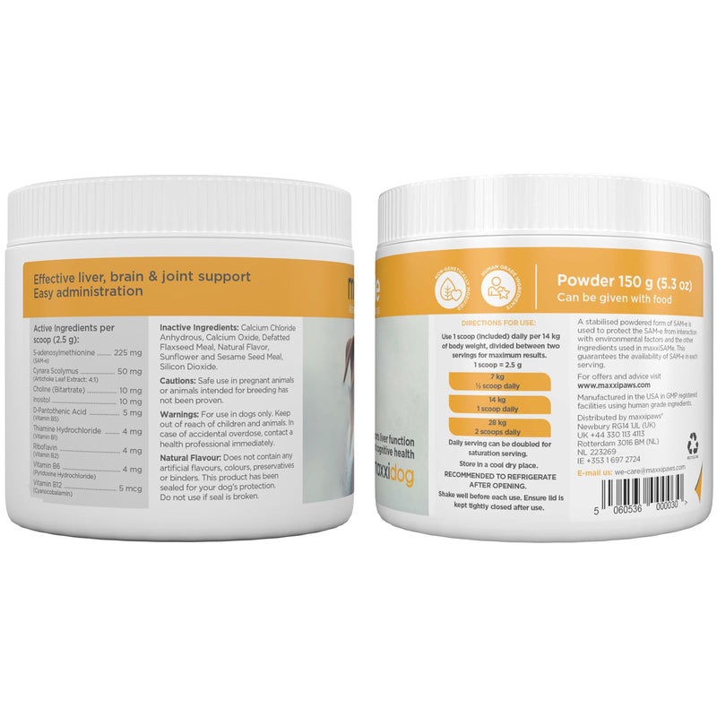 maxxipaws - maxxiSAMe SAM-e supplementary food for dogs - support of liver function & cognitive dysfunction in older animals - powder 150 g - PawsPlanet Australia