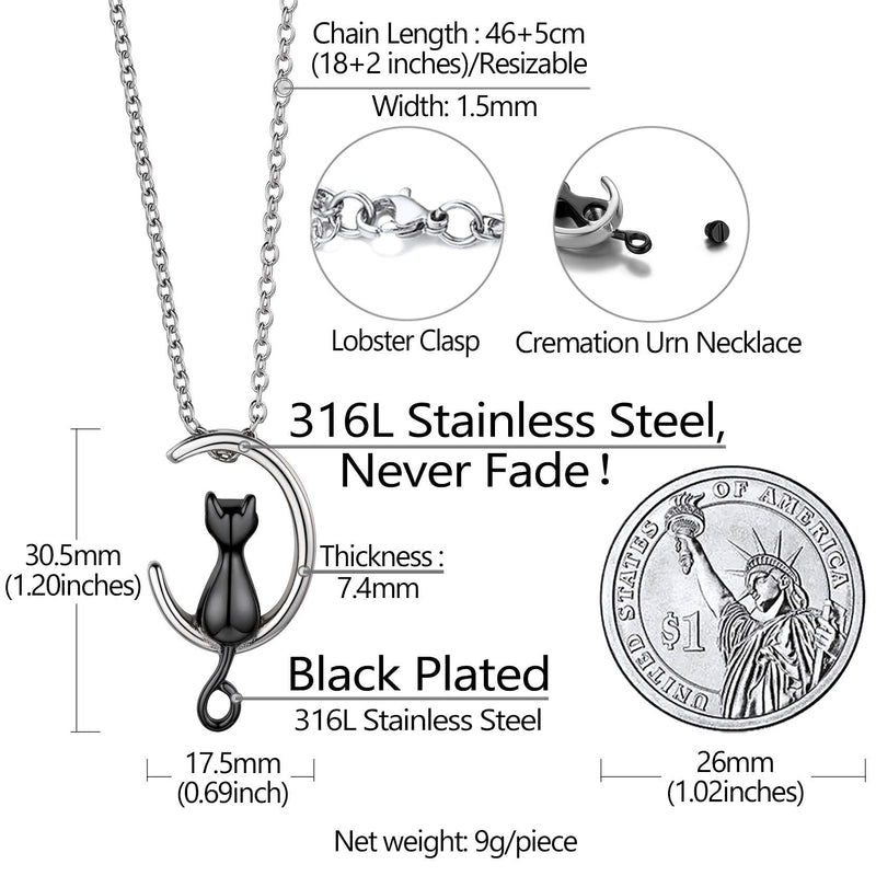 Richsteel Moon Cat/Cross/Angel Wing/Forever in My Heart/Bar/Hourglass Urn Necklace for Women Men Stainless Steel/18K Gold Plated Cremation Jewelry for Human Ashes Waterproof (with Gift Box) 01-Black cat no personalized - PawsPlanet Australia