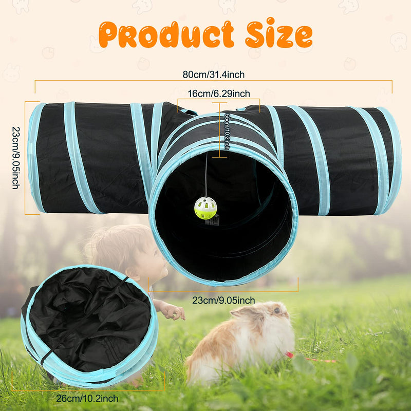 BWOGUE Bunny Tunnels & Tubes Collapsible 3 Way Bunny Hideout Small Animal Activity Tunnel Toys for Dwarf Rabbits Bunny Guinea Pigs Kitty Blue - PawsPlanet Australia