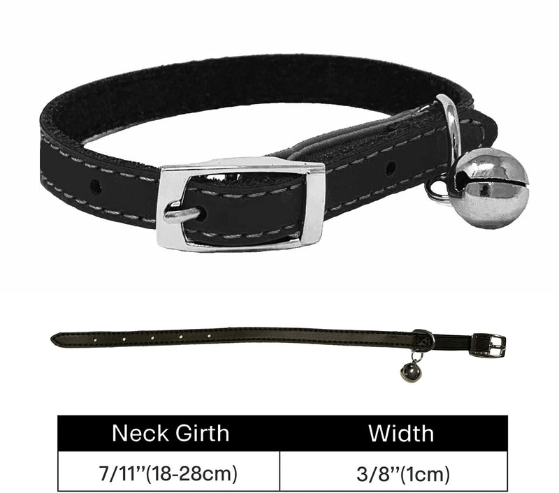 Genuine Leather Cat Collar with Safety Elastic & Bell with Optional Personalised Engraved Tag (Black, 22mm Cat Face Tag) Black - PawsPlanet Australia