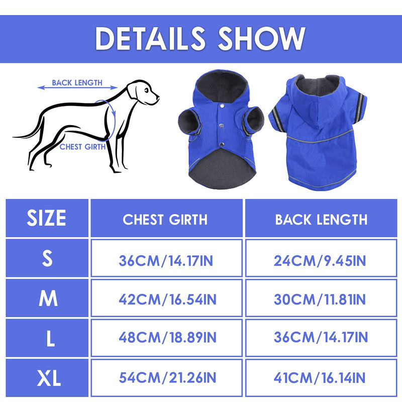 Dog Reflective Waterproof Raincoat Winter Hoodie Jacket with Leash Hole Warm Fleece Lining Lightweight Visibility Safety Strap Slicker Poncho Cold Weather Coat for Small Medium Large Dogs and Puppy Blue - PawsPlanet Australia