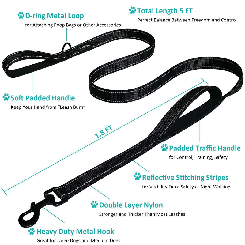 DOGSAYS Dog Leash 5ft Long Traffic Padded Two Handle Heavy Duty Double Handles Lead for Large Dogs or Medium Dogs Training Reflective Leashes Dual Handle 5 FT Black - PawsPlanet Australia