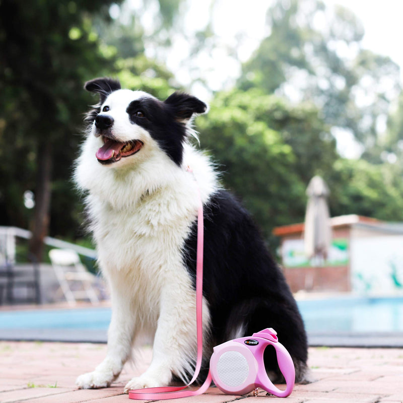 [Australia] - DOGNESS Reflective Retractable Dog Leash, One Button Brake & Lock Anti-Slip Handle, Strong Nylon Ribbon Tape, 13-19 ft Long Dogs, Three Colors Reflective Sticker 13 ft / up to 55 lbs Pink 