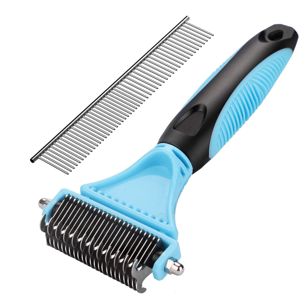 MENNYO Dog Brush Dog Combs Animal Grooming Tool Professional Dematting 2 Sided Primer Rake for Dogs Cats Easy Removal Cleaning Animals Hair Blue (Blue) - PawsPlanet Australia