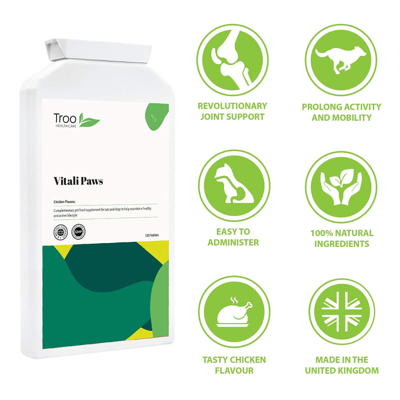 Troo Health Care Vitali-Paws Dog Joint Support Supplement for Pets - 120 Tablets | Chondroitin, MSM, Green Lipped Mussel, Glucosamine for Dogs and Cats | Yummy Chicken Flavour - UK Manufactured - PawsPlanet Australia