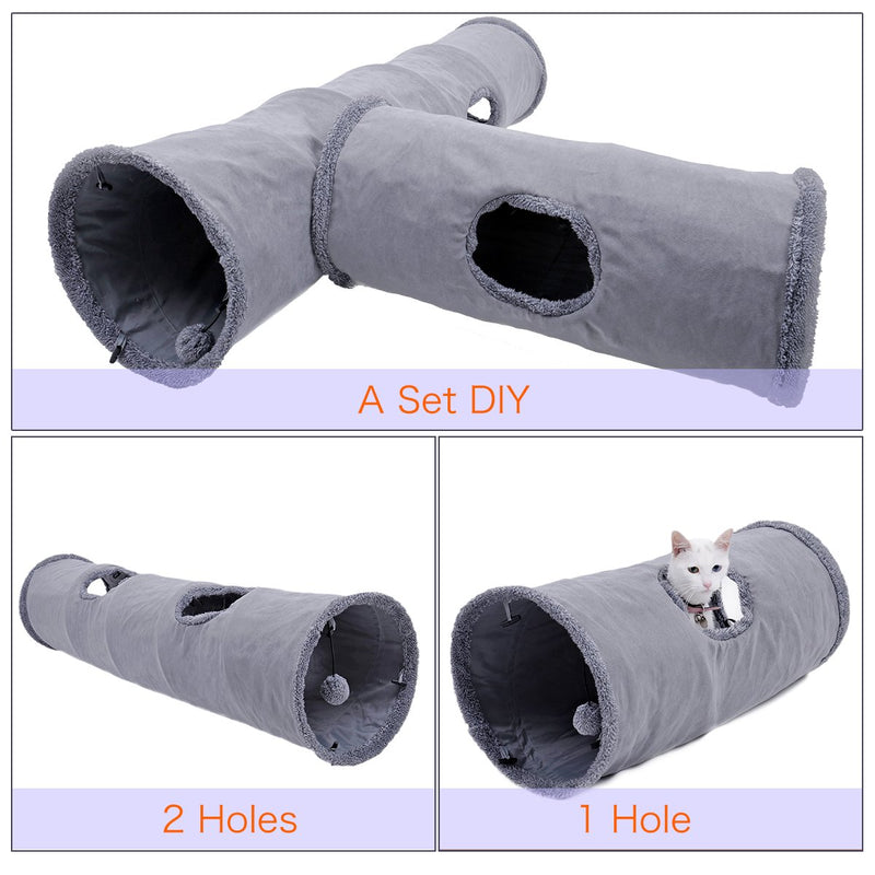 OHANA Collapsible Cat Tunnel Toy in suede, Large cat tunnels for indoor cats rabbits with 2 holes and suspended ball Dia30*130cm M - Dia30*130cm - PawsPlanet Australia