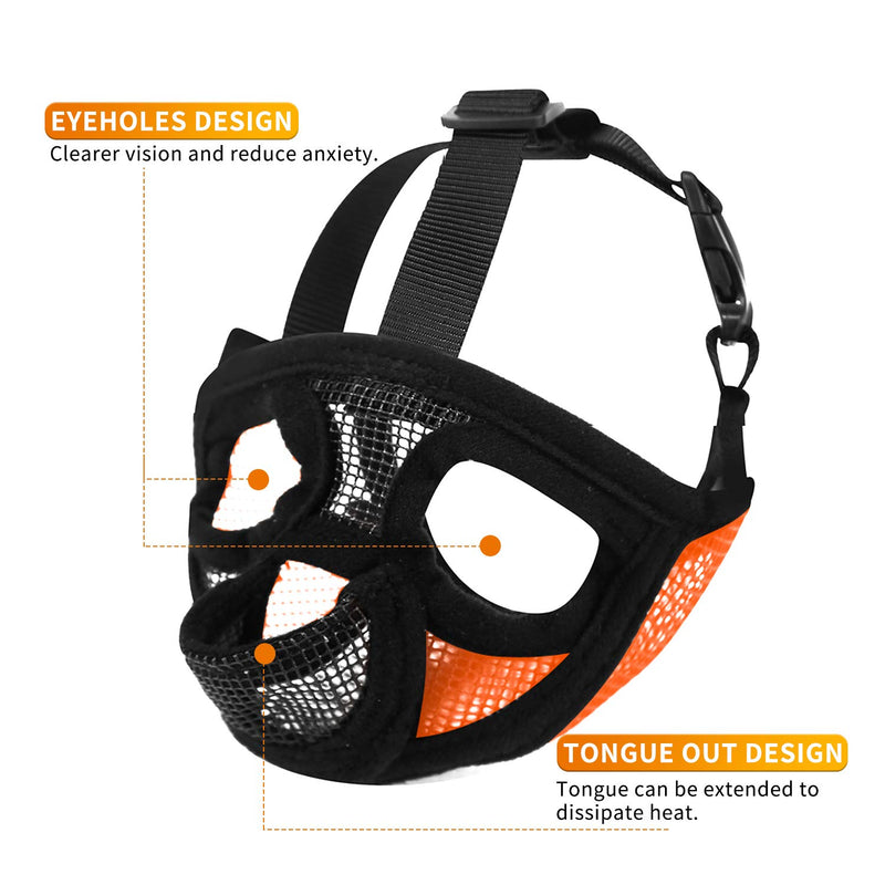 YUESEN Short Snout Dog Muzzle - Adjustable Breathable Mesh Bulldog Muzzle with Tongue Out Design for Barking Biting Chewing Training XS Orange - PawsPlanet Australia