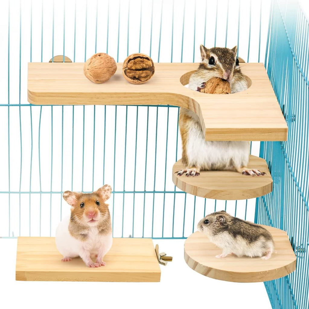 4-piece hamster accessory set, small animal platform, natural wood hamster toy for the cage for guinea pigs, chinchillas, rats, budgies including L-springboard, round rectangle - PawsPlanet Australia