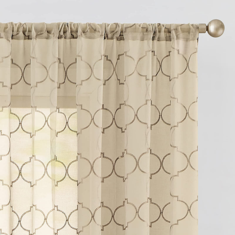 Tile Sheer Curtains for Bedroom Geometry Lattice Embroidery Voile Sheer Curtains for Living Room Quatrefoil Window Treatment Set 63 inches Long Taupe W55 x L63 #Taupe - PawsPlanet Australia