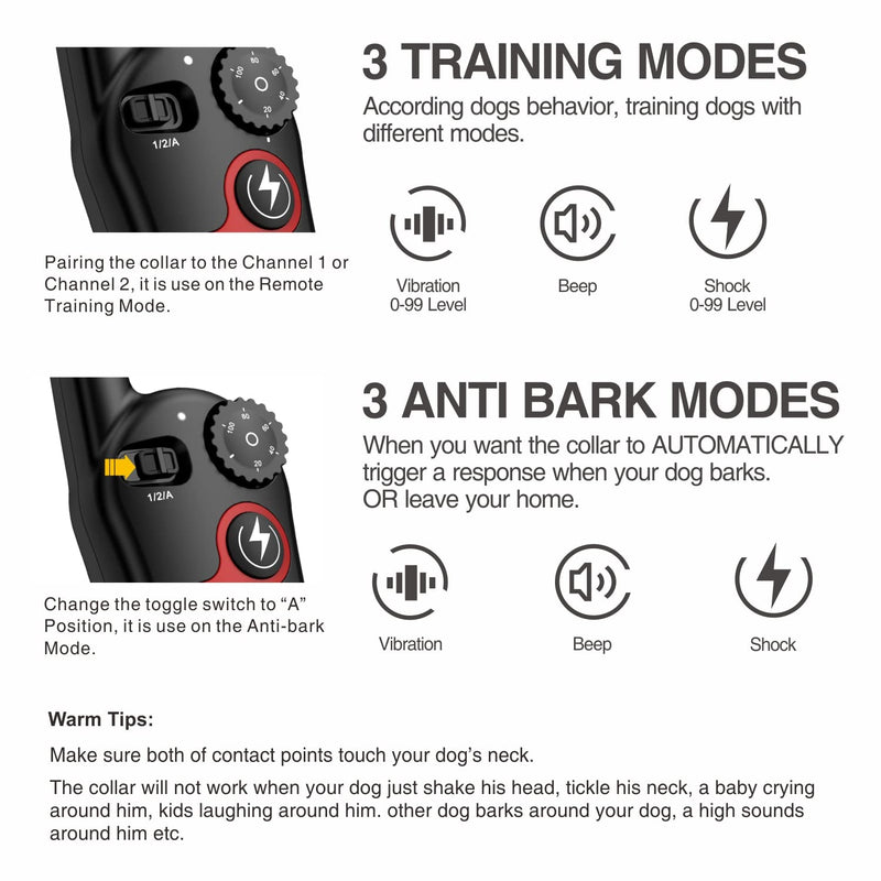 Dog Bark Collar - 2 in 1 Dog Training Collar w/3 Remote Training Modes, Beep, Vibration, Rechargeable Automatic Anti-Bark Waterproof Collar with Remote 1300ft Range for Small Medium Large Dogs - PawsPlanet Australia