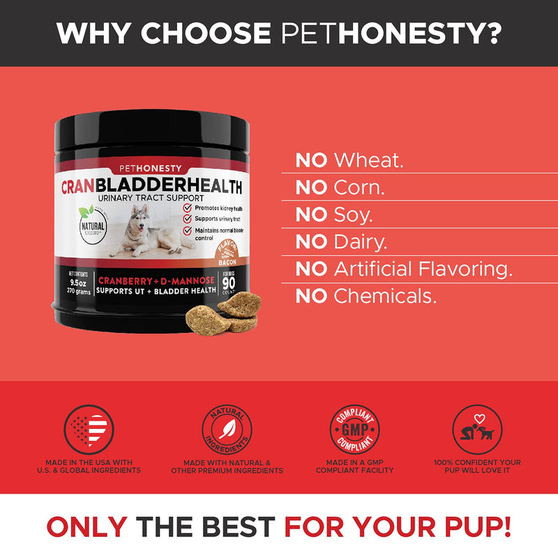 PetHonesty Cranberry for Dogs - Soft Chew Supplements, Kidney and Bladder Support, Dog UTI - Urinary Tract Health UT Incontinence, Immune System Support, D-Mannose, Marshmallow, & Echinacea Bacon - PawsPlanet Australia