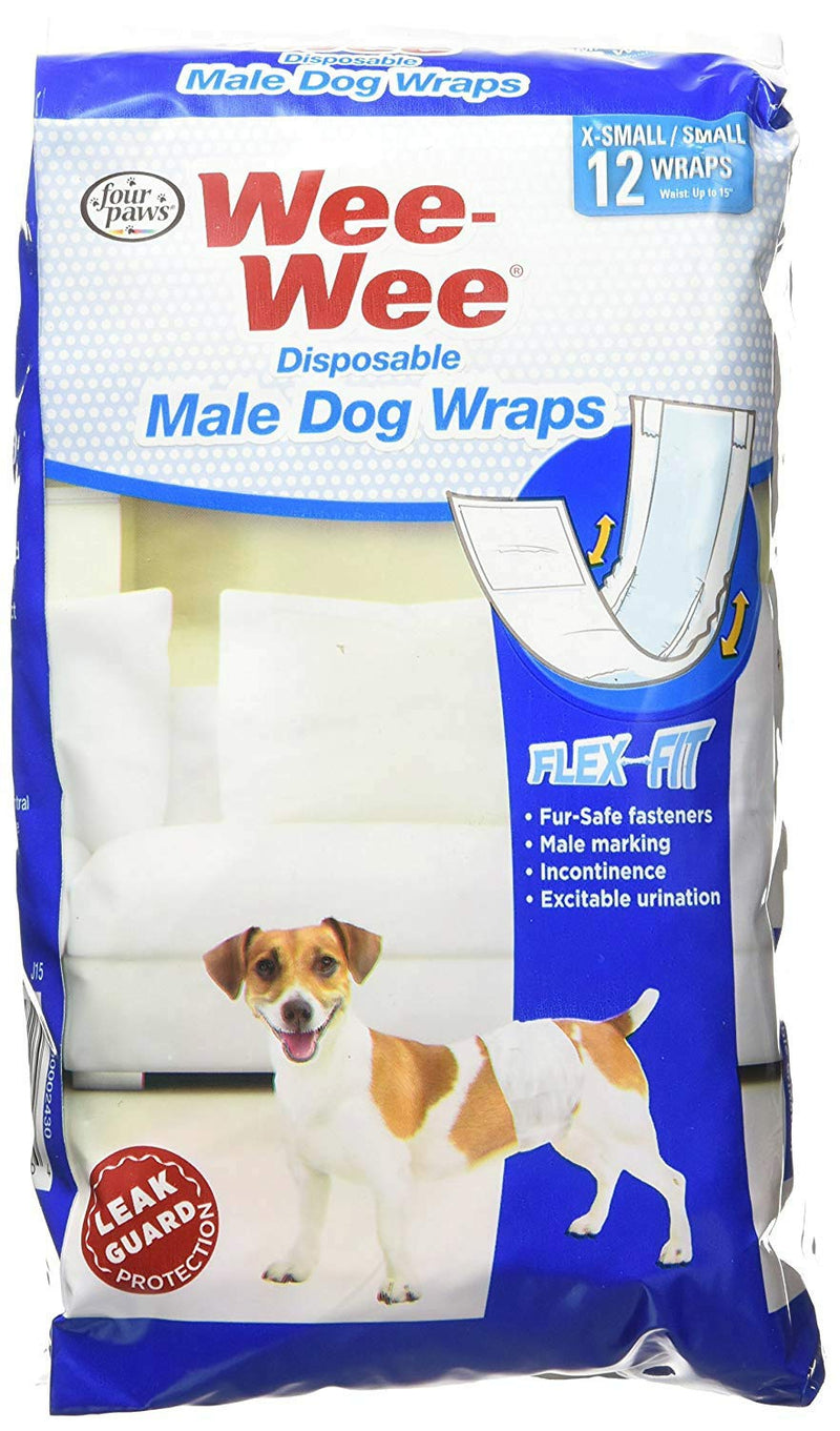 [Australia] - Four Paws Wee-Wee Male Dog Wraps, Disposable, X-Small/Small 12 Count, 4 Pack 