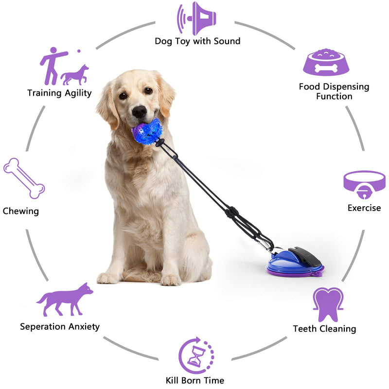 AMZLIFE Suction Cup Dog Chew Toy for Aggressive Chewers, Interactive Puzzle Ball Toy for Large Breed & Medium Dog Teeth Cleaning, Treats Training, Squeaky Tough Rope Tug Toy Gift w/Bell, Blue Purple - PawsPlanet Australia