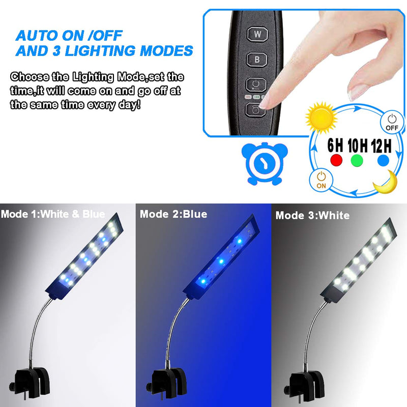 MingDak Fish Tank Clip on Light with Inline Timer, Clamp Aquarium Light with White & Blue LEDs, 3 Lighting Modes, Dimmable, 7W, 18 LEDs 18 led 7W (Timer&Dimmer Switch) - PawsPlanet Australia