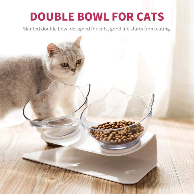 Double Cat Bowl with Raised Stand, Cat Bowl Pet Food Feeder,15° Tilted Anti-Slip Transparent Cat Food and Water Bowl, Protect Pets Cervical Vertebra, Detachable Pet Bowl for Cats and Dogs - PawsPlanet Australia