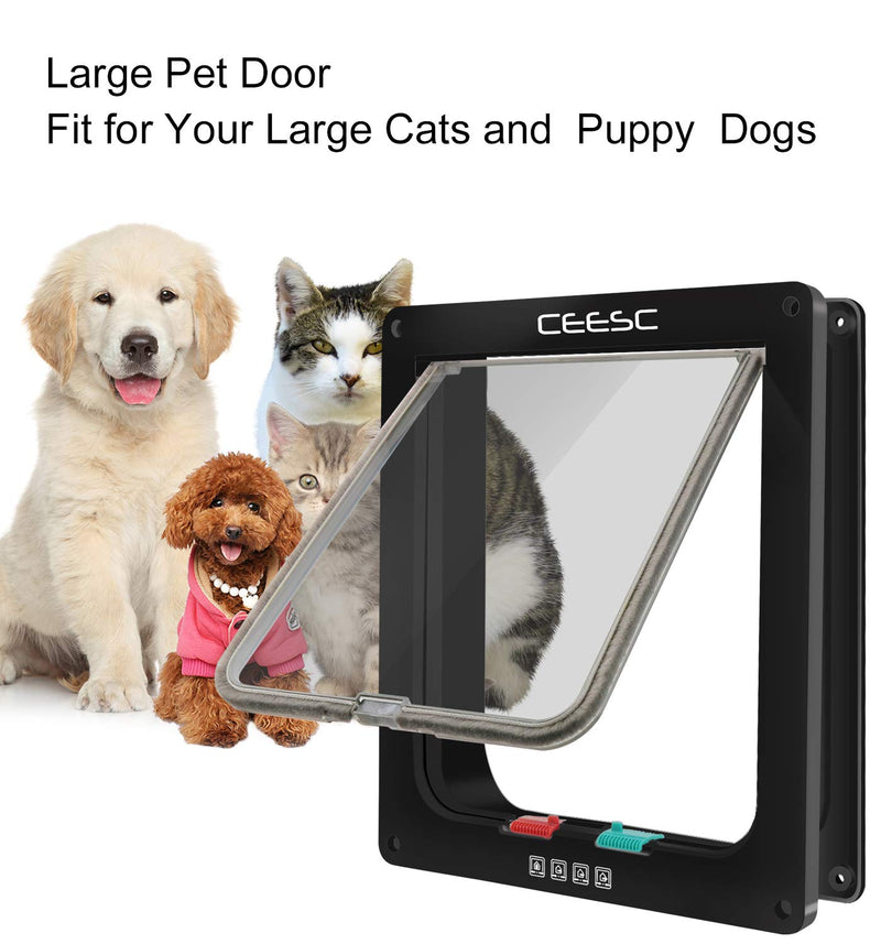 CEESC Extra Large Cat Door (Outer Size 11" x 9.8"), 4 Way Locking Large Cat Door for Interior Exterior Doors, Weatherproof Pet Door for Cats & Doggie with Circumference < 24.8" (Black) - PawsPlanet Australia