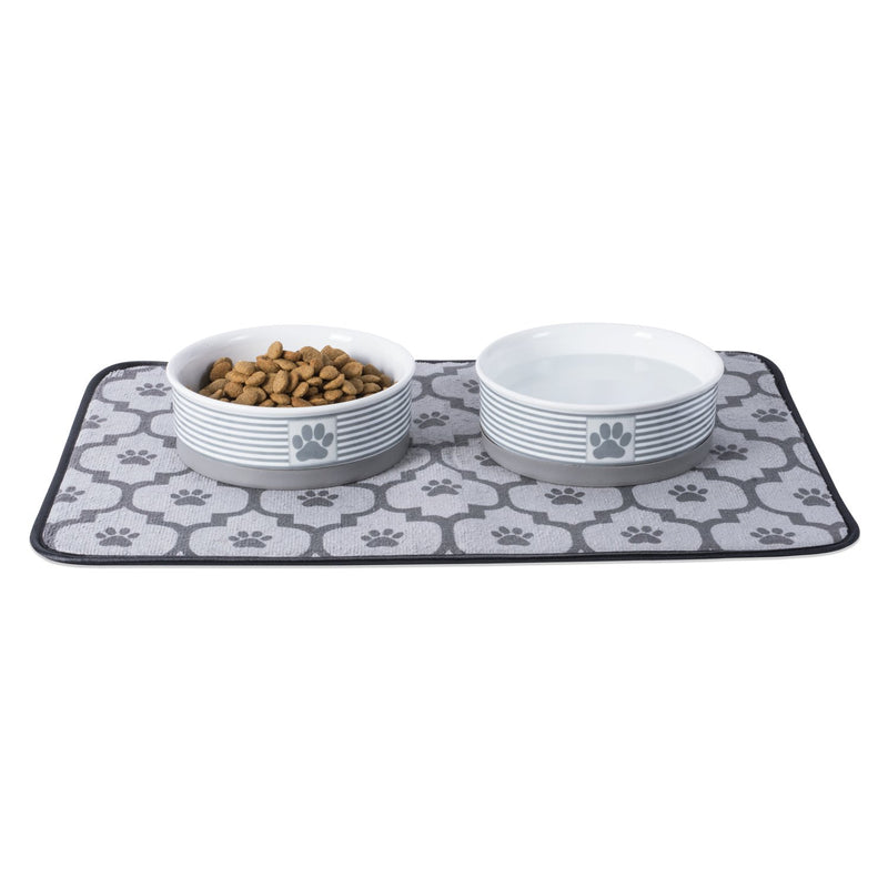 [Australia] - Bone Dry DII Paw Patch & Stripes Ceramic Pet Bowl for Food & Water with Non-Skid Silicone Rim for Dogs and Cats Large Gray 