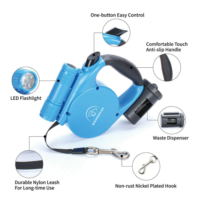 [Australia] - MAVRICFLEX Retractable Dog Leash, 13ft Reflective Dog Leash for Dogs Up to 66lbs, Dog Leash with Bag Dispenser, Flashlight, 5 Colors, Retractable Dog Leash with Light Blue 