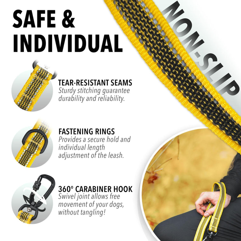 bluzelle Strong dog leash 3 m for large dogs up to 100 kg, extra robust 360° aluminum carabiner hook, rubberized double leash for 2 dogs, adjustable hands-free leash for hanging around the neck, color: yellow - PawsPlanet Australia