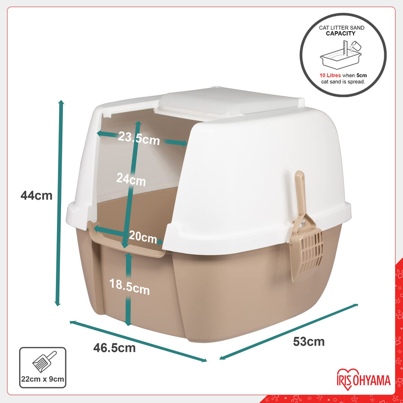 Iris Ohyama, Plastic Litter Box with Scoop, Lid and Folding Door, W53 x D46.5 x H44 cm, Unit, Removable Rim, BPA Free, CLH-17J, For Large Cats, White/Beige - PawsPlanet Australia